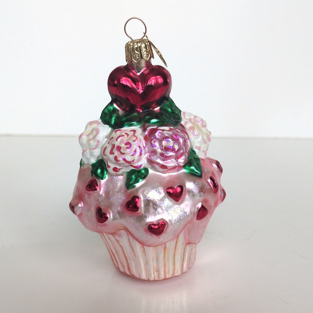 Christopher Radko Ornament Roseberry Romance Pink Cupcake Hearts Roses
